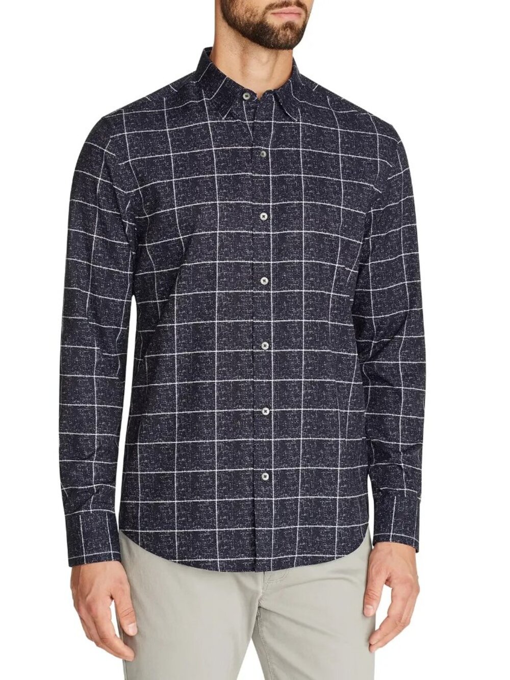 W.R.K Navy Window Pane Print 4-Way Stretch Long Sleeve Button Up Shirt/3471